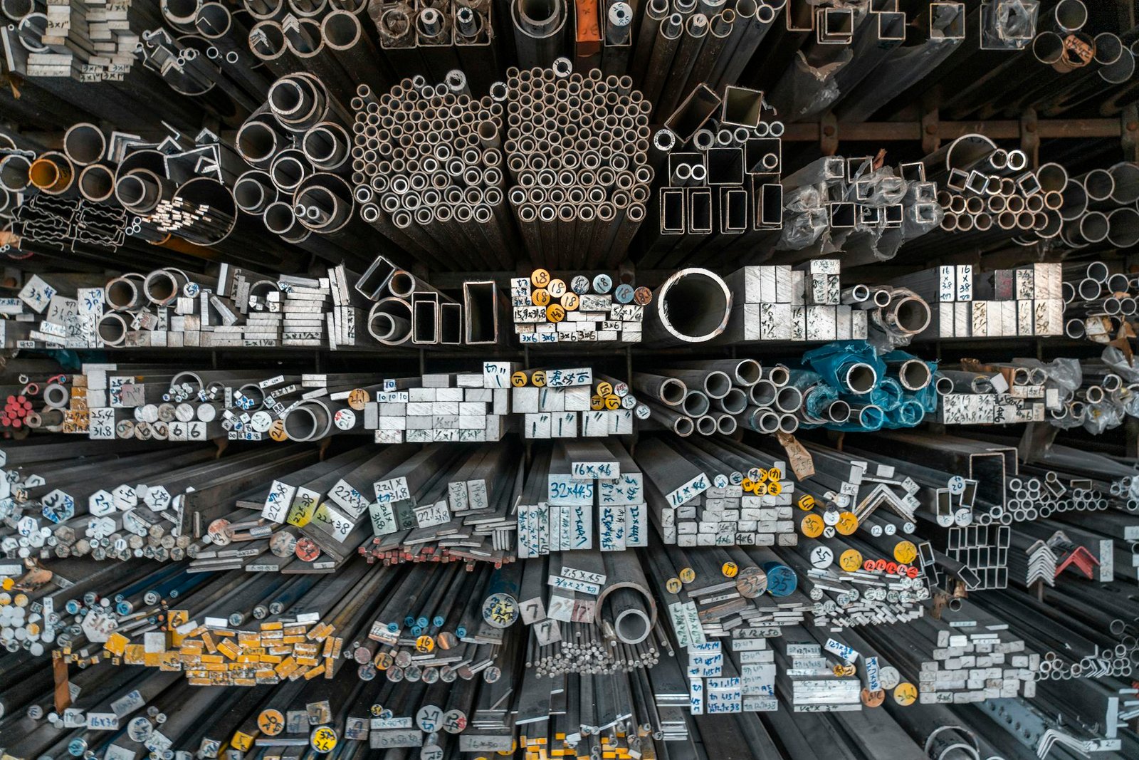 A detailed assortment of metal bars, tubes, and pipes stored on shelves in an industrial setting.